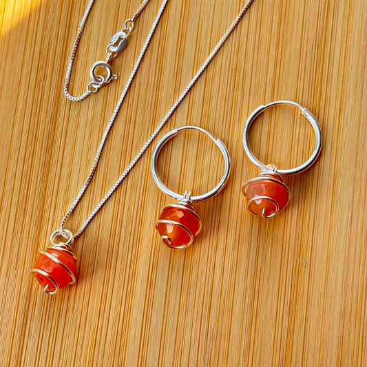 Ágata Naranja, Conjunto Piedra Natural Plata 925 — Collar y Argollas