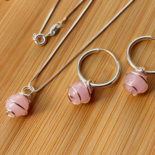 Cuarzo Rosa, Conjunto Piedra Natural Plata 925 — Collar y Argollas