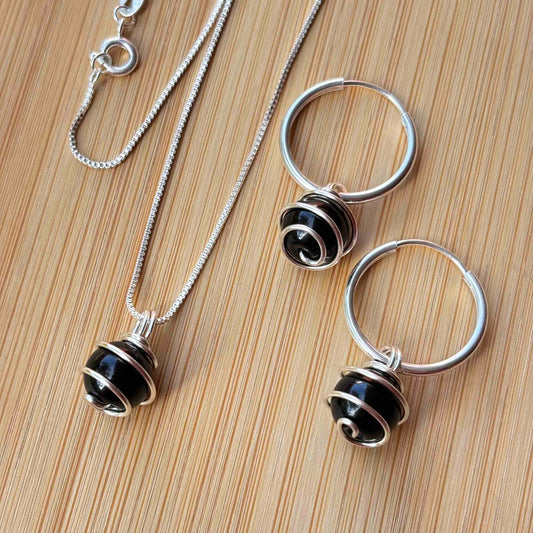 Ónix, Conjunto Piedra Natural Plata 925 — Collar y Argollas