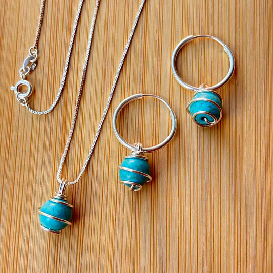 Turquesa, Conjunto Piedra Natural Plata 925 — Collar y Argollas