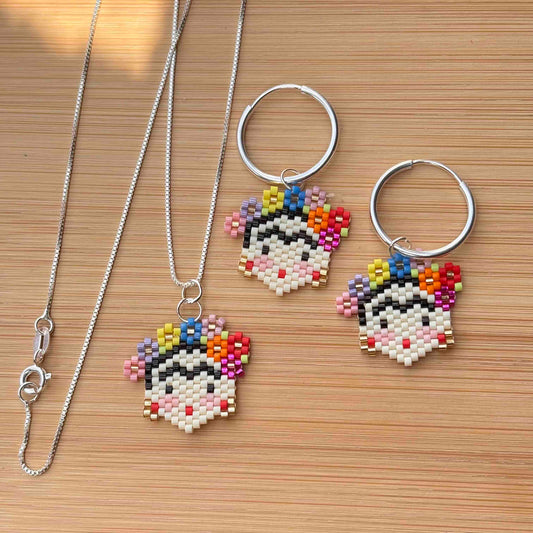 Frida Kahlo Conjunto Plata 925 — Collar y Aros Argollas