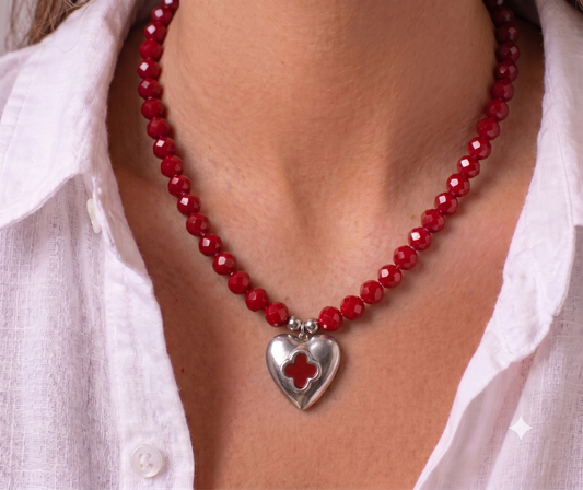 Collar Cristales Corazón — Color Rojo - Acero Inoxidable