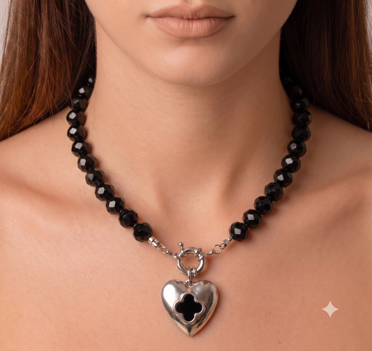 Collar Cristales Dije Corazón — Color Negro - Acero Inoxidable