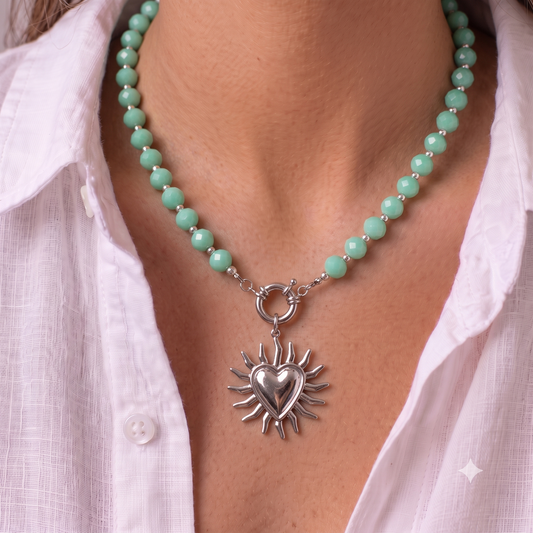 Collar Cristales, Dije Corazón — Color Turquesa - Acero Inoxidable