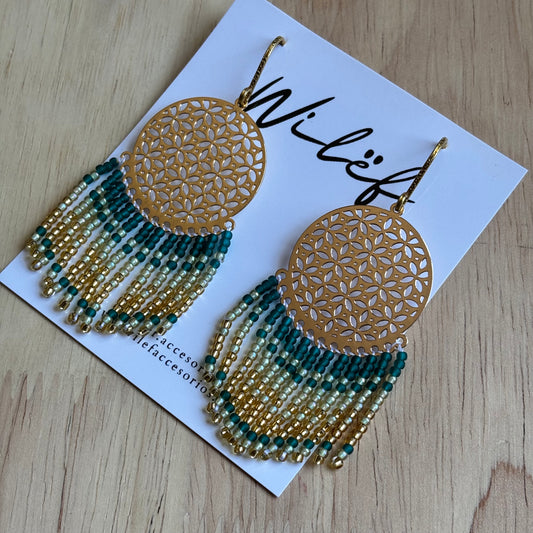 Aros largos con mostacillas – Color Verde Dorado- Diseño Cascada Mandala