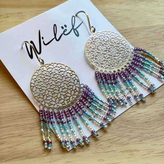 Aros largos con mostacillas – Color turquesa plateado - Diseño Cascada Mandala