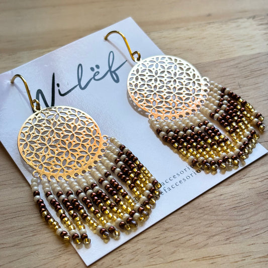 Aros largos con mostacillas – Color Beige Dorado - Diseño Cascada Mandala