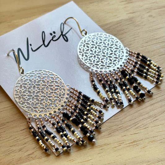 Aros largos con mostacillas – Color Lila y dorado - Diseño Cascada Mandala