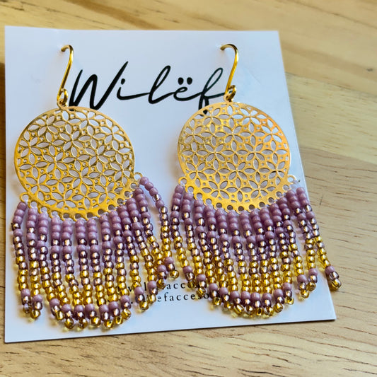Aros largos con mostacillas – Color Lila y dorado - Diseño Cascada Mandala