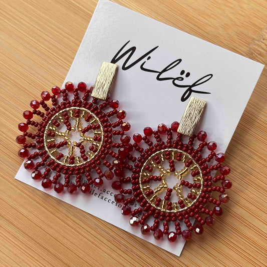 Aros Mandala Sol Tejido a Mano — Color Burdeo Dorado