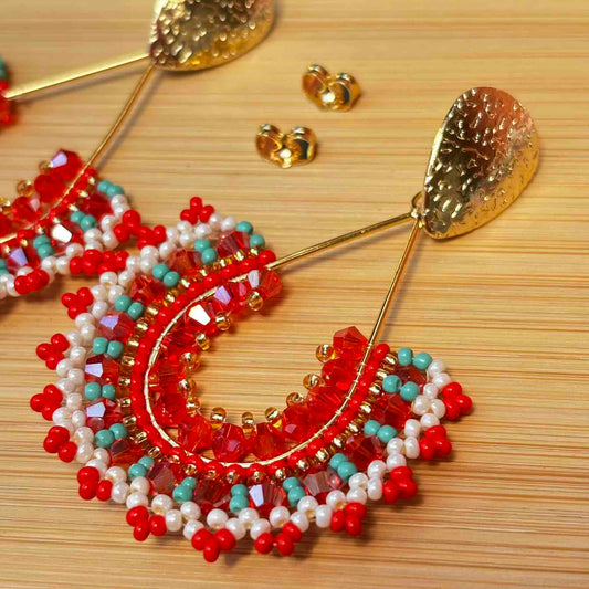 Aros Maxi Gota con Cristales y Mostacillas | Color Rojo