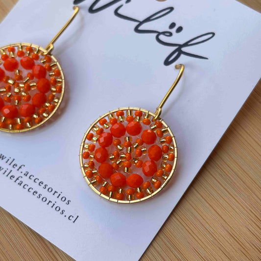 Aros Tejidos Cristales – Diseño Artesanal - Mini Mandala Naranja
