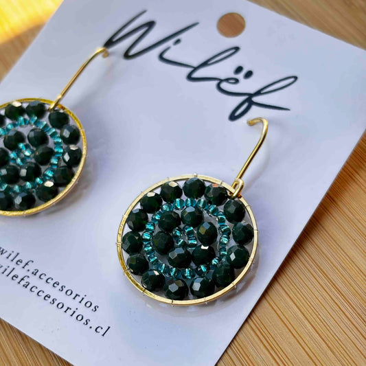 Aros Tejidos Cristales – Diseño Artesanal - Mini Mandala Verde Petroleo