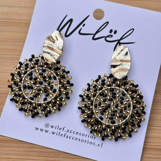 Aros Mandala Negro y Dorado - Tejidos a Mano