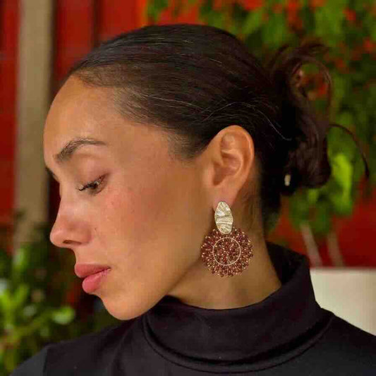 Aros Mandala Burdeo y Dorado - Tejidos a Mano