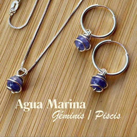 Agua Marina, Conjunto Piedra Natural Plata 925 — Collar y Argollas