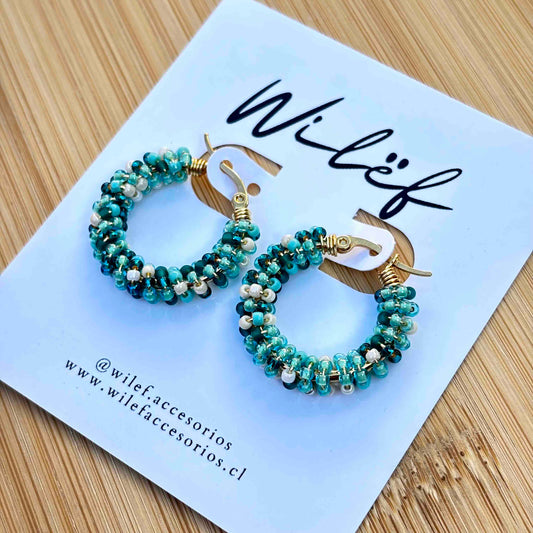 Aros Argolla Tejidos a Mano con Mostacillas – Diseño Artesanal, Mix Turquesas