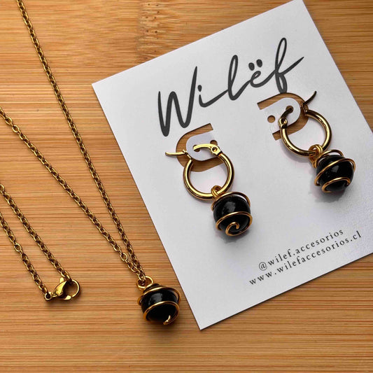 Ónix, Conjunto Piedra Natural Acero Dorado — Collar y Argollas