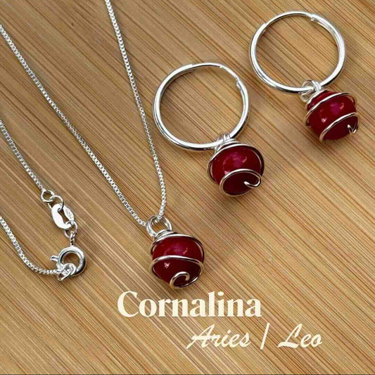Cornalina, Conjunto Piedra Natural Plata 925 — Collar y Argollas