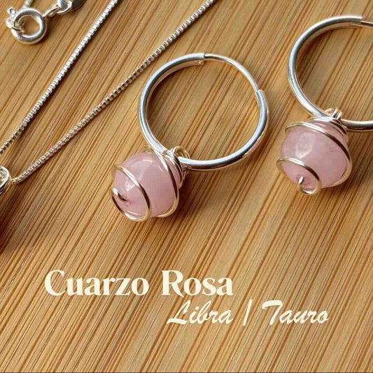 Cuarzo Rosa, Conjunto Piedra Natural Plata 925 — Collar y Argollas