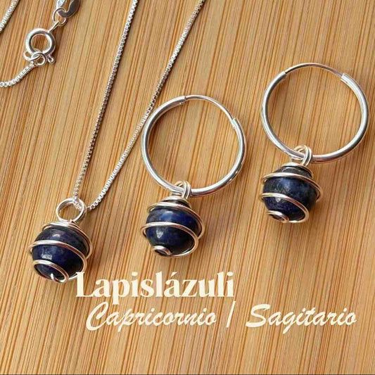 Lapislázuli, Conjunto Piedra Natural Plata 925 — Collar y Argollas