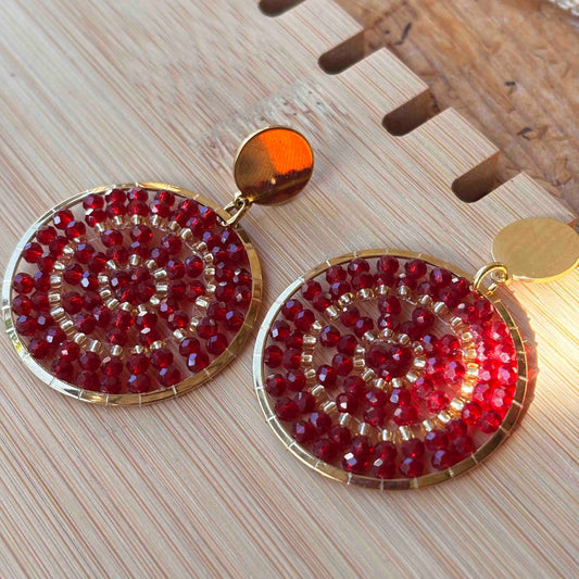 Aros Tejidos Cristales – Diseño Artesanal - Mandala Burdeo