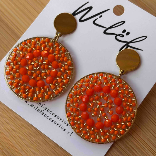 Aros Tejidos Cristales – Diseño Artesanal - Mandala Naranja