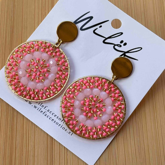 Aros Tejidos Cristales – Diseño Artesanal - Mandala Rosado Dorado