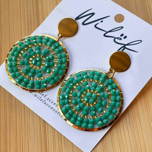 Aros Tejidos Cristales – Diseño Artesanal - Mandala Verde