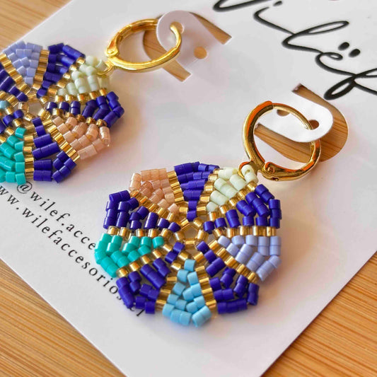 Aros Tejidos Cristal Miyuki Azul y Dorado – Hechos a Mano - Diseño Mandala