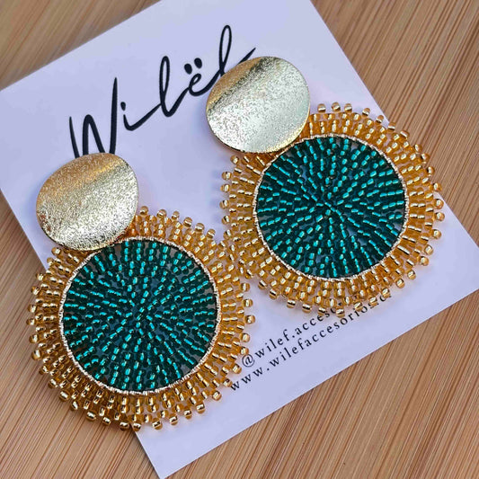 Aros Tejidos a Mano con Mostacillas / Mandalas Unicolor Verde