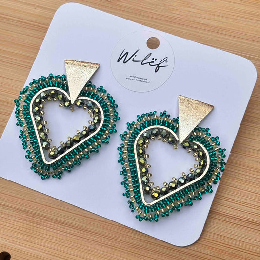 Aros Maxi Corazón Tejidos a Mano — Color Verde
