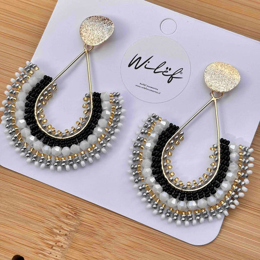 Aros Maxi Gota Tejidos a Mano — Negro, Blanco, Dorado