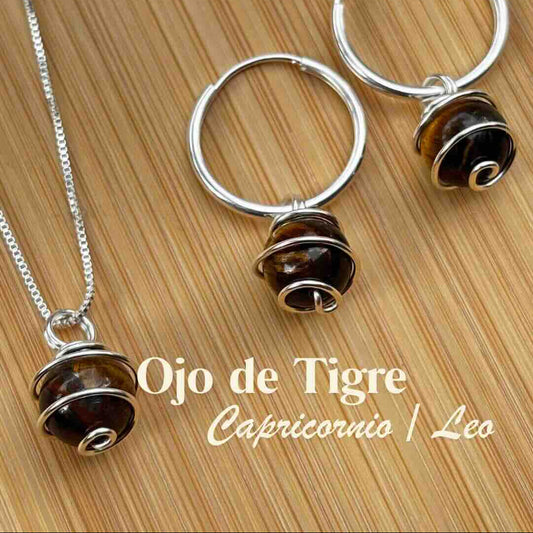Ojo de Tigre, Conjunto Piedra Natural Plata 925 — Collar y Argollas