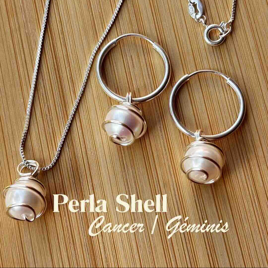 Perla Shell, Conjunto Piedra Natural Plata 925 — Collar y Argollas