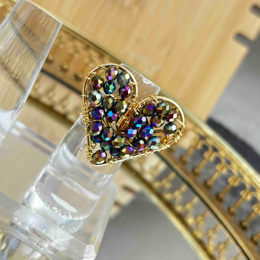 Anillo Corazón Artesanal con Cristales | Anillo Hecho a Mano Ajustable Tornasol