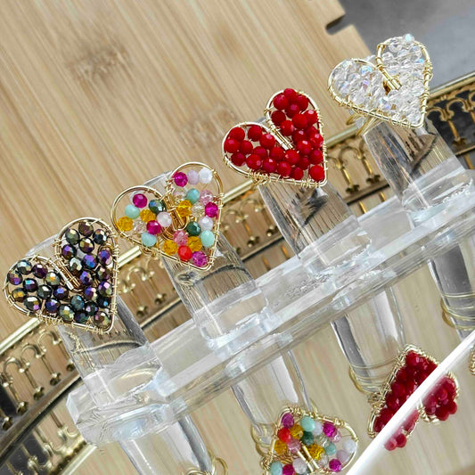 Anillo Corazón Artesanal con Cristales | Anillo Hecho a Mano Ajustable Traslúcido