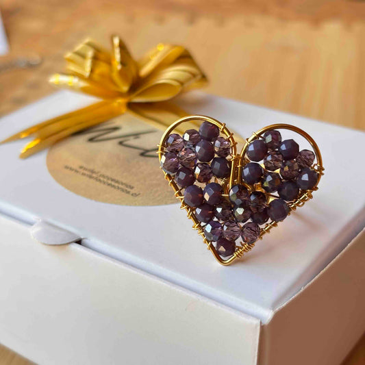 Anillo Corazón Artesanal con Cristales Morados | Anillo Hecho a Mano Ajustable