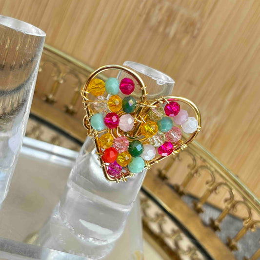 Anillo Corazón Artesanal con Cristales | Anillo Hecho a Mano Ajustable Multicolor