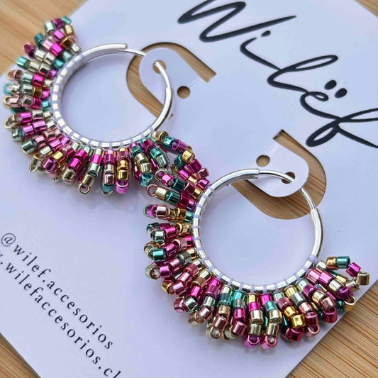 Aros Abanico Plata 925 Tejidos a Mano con cristal Miyuki  — Color Multicolor