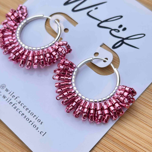 Aros Abanico Plata 925 Tejidos a Mano con cristal Miyuki  — Color Rosado Metalizado