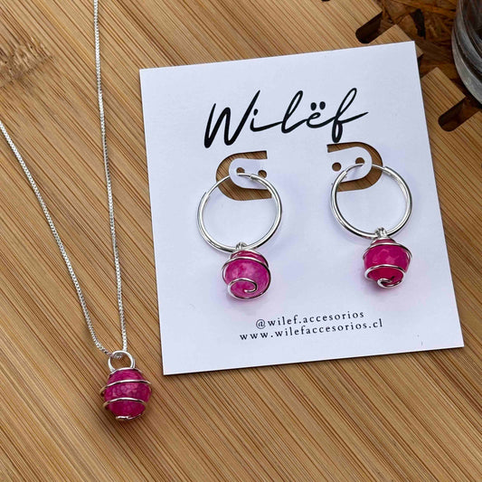 Ágata Fucsia, Conjunto Piedra Natural Plata 925  — Collar y Argollas