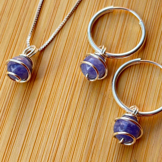 Agua Marina, Conjunto Piedra Natural Plata 925  — Collar y Argollas