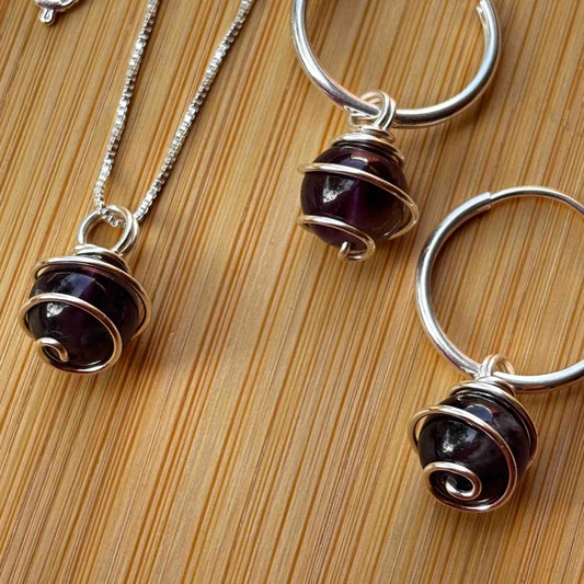 Amatista, Conjunto Piedra Natural Plata 925  — Collar y Argollas