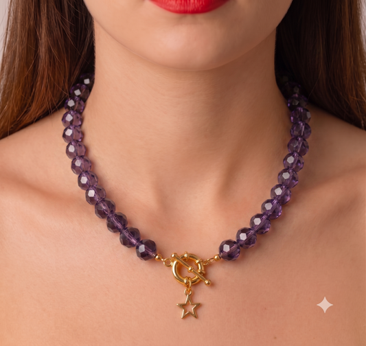 Collar Cristales Cierre Timón — Colorr Morado Obispo - Acero Inoxidable