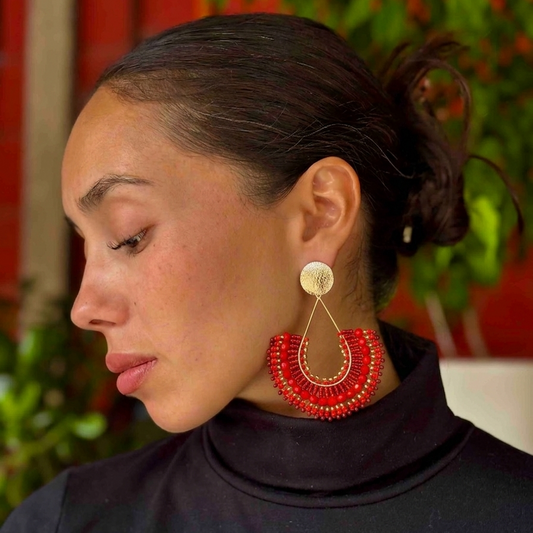 Aros Maxi Gota Tejidos a Mano — Rojo Dorado