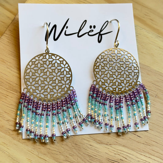 Aros largos con mostacillas – Color turquesa plateado - Diseño Cascada Mandala