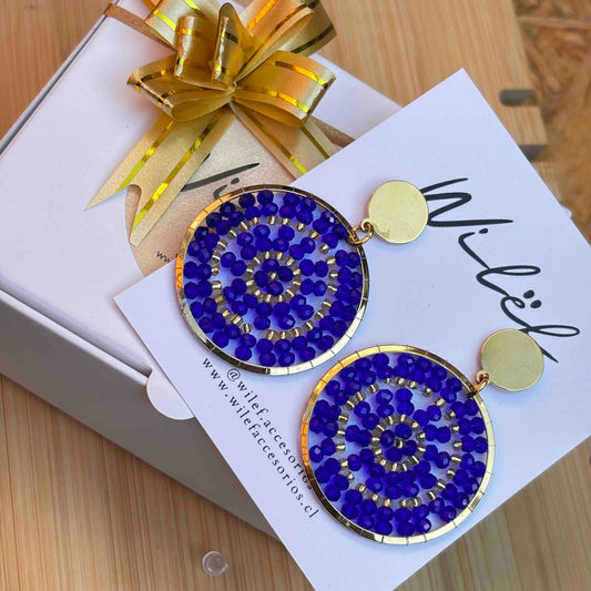 Aros Tejidos Cristales – Diseño Artesanal - Mandala Azul