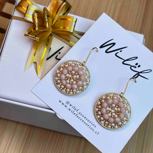 Aros Tejidos Cristales – Diseño Artesanal - Mini  Mandala Beige