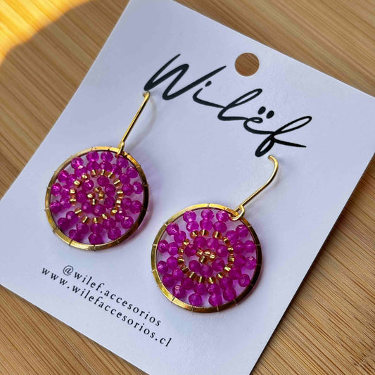 Aros Tejidos Cristales – Diseño Artesanal - Mini  Mandala Fucsia